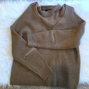 Mocha choker sweater with zipper sleeves